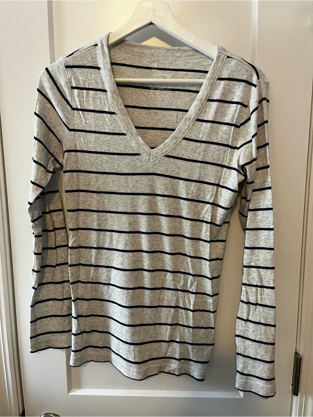 Light Gray V-Neck Long Sleeve Striped Tee